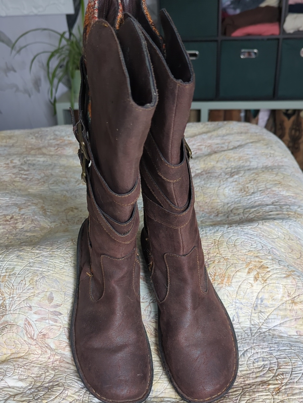 B.O.C. Brown/Tapestry Zip-Up Mid-Calf Boots with Buckle Strap